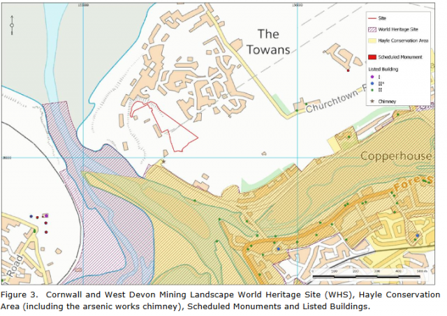 Figure 3.  Cornwall and West Devon Mining Landscape World Heritage Site (WHS), Hayle Conservation Area (including the arsenic works chimney), Scheduled Monuments and Listed Buildings